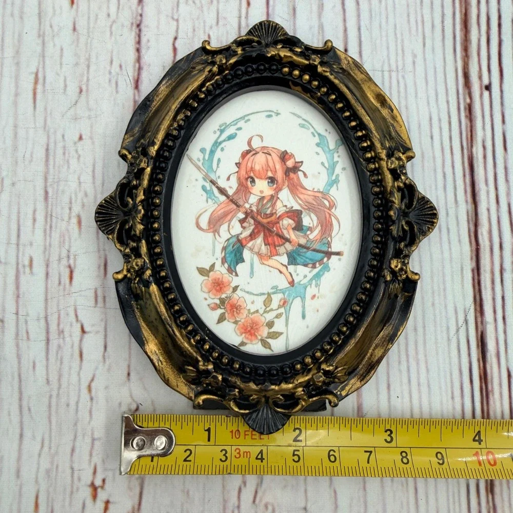 Anime Chibi Girl Warrior Decoupage Art Print Ornate Gold Black Resin Oval Frame